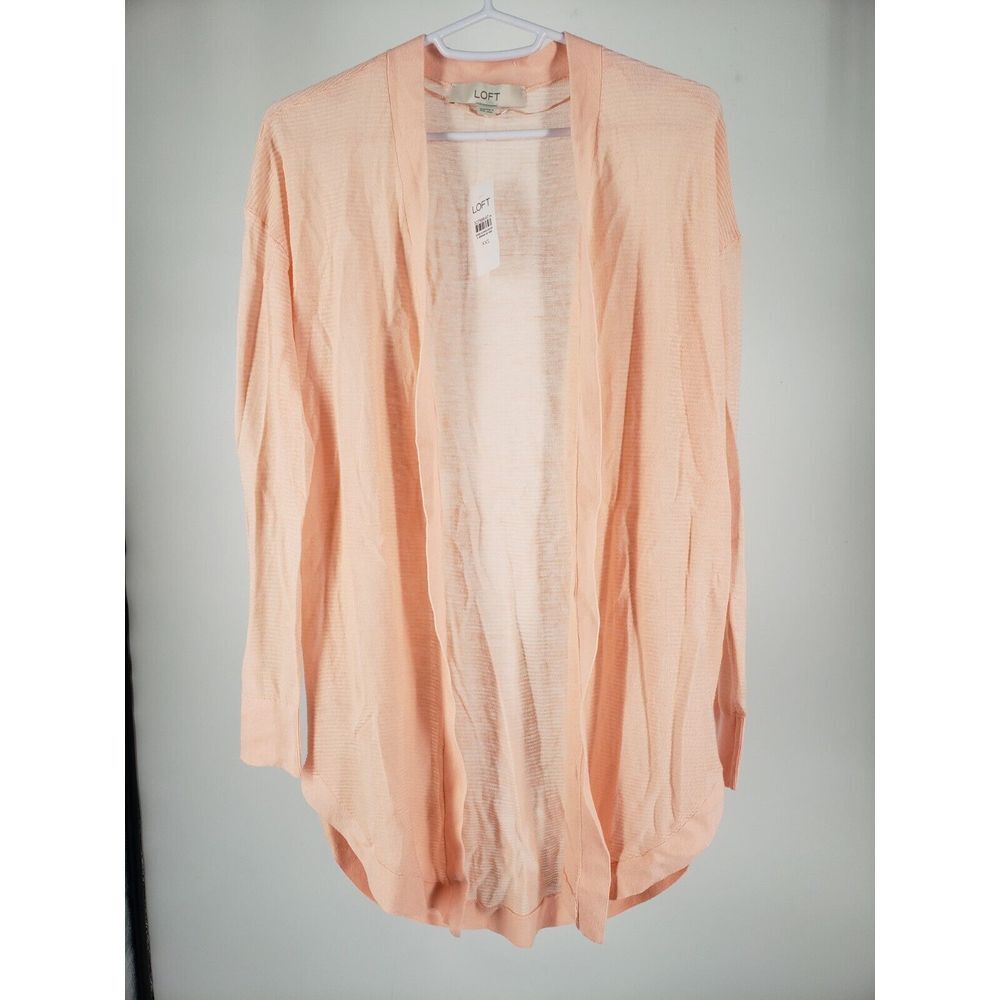 Loft Women's Cardigan Sweater Size XXS Peach Pink Long Sleeve Duster Ribbed Open